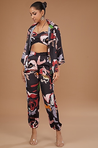 Black Luxury Satin Printed Co-Ord Set by Ranng