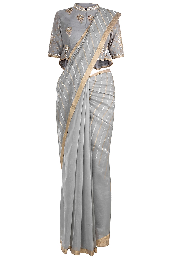 Ecru Hand Embroidered Saree Set by RAR Studio