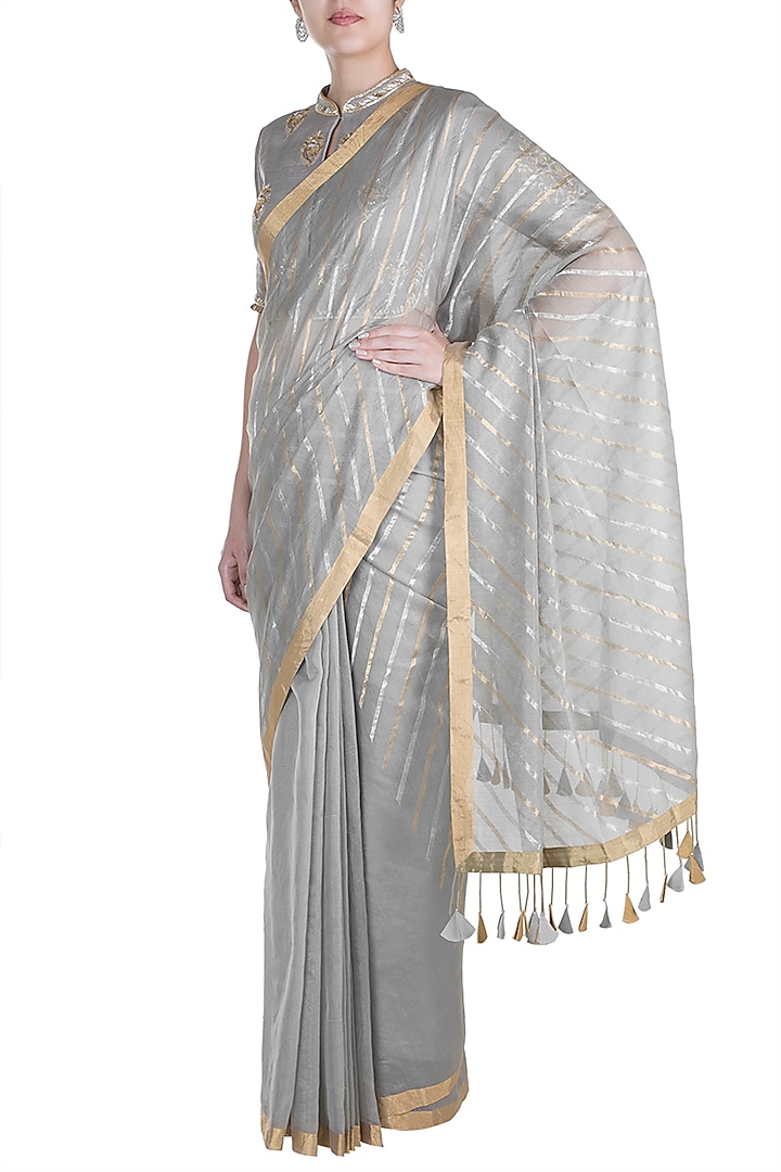 Ecru Hand Embroidered Wedding Saree Set by RAR Studio at Pernia's Pop Up Shop