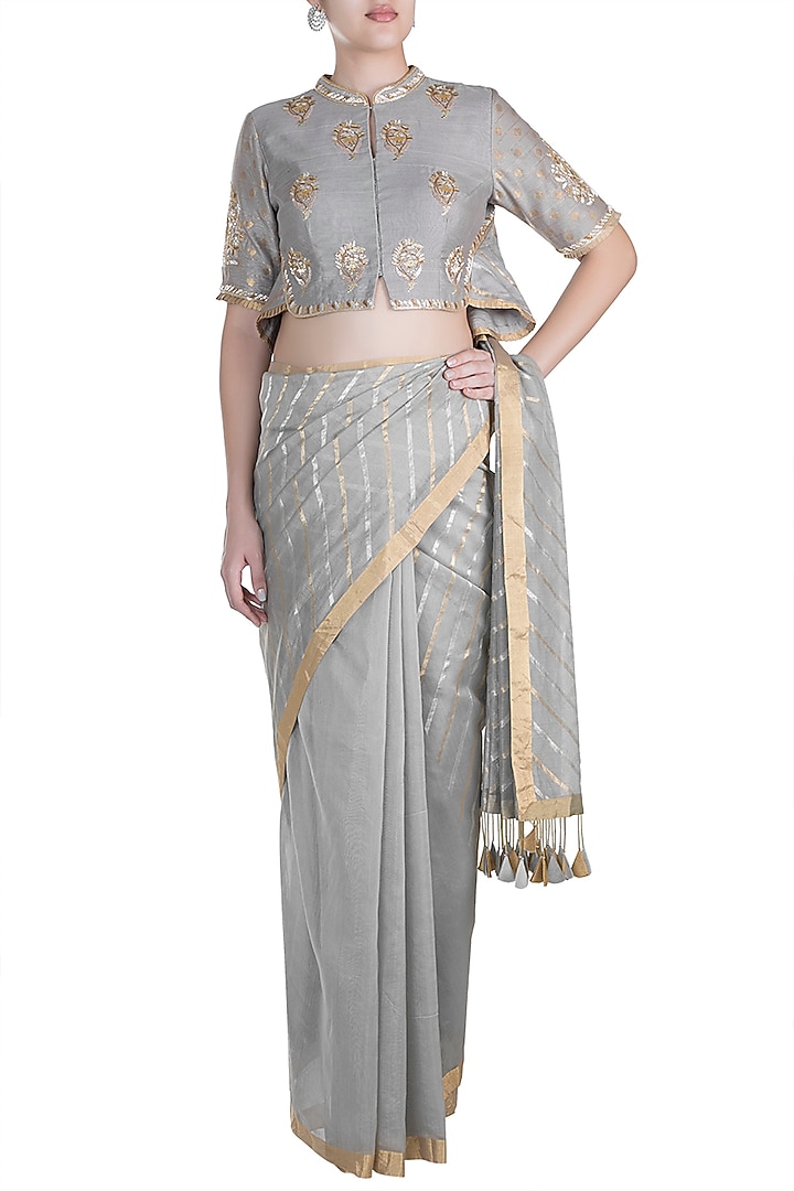 Ecru Hand Embroidered Wedding Saree Set by RAR Studio at Pernia's Pop Up Shop