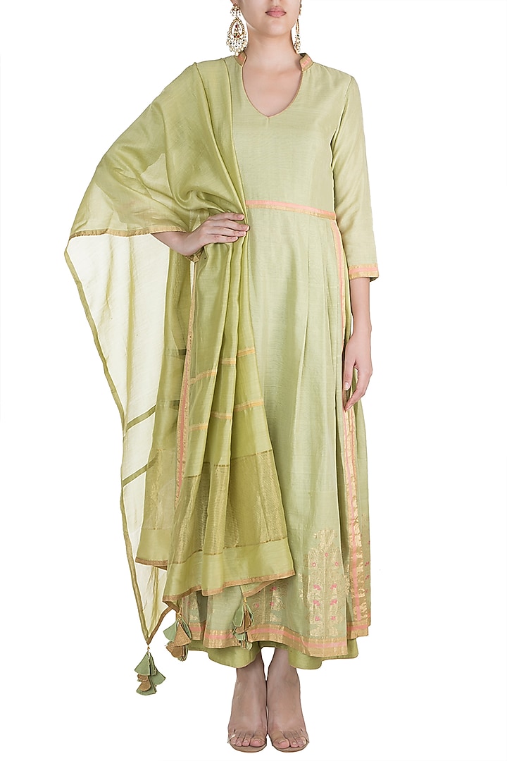 Green Hand Woven Party Wear Anarkali Set by RAR Studio at Pernia's Pop Up Shop