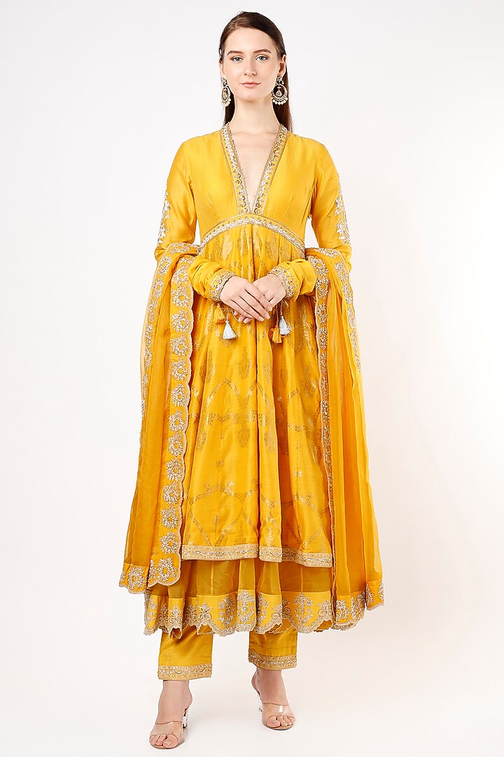 Dandelion Yellow Hand Embroidered Bridal Anarkali Set by Rar Studio at Pernia's Pop Up Shop