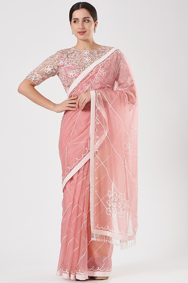Blush pink embroidered saree/peach pink saree/sari