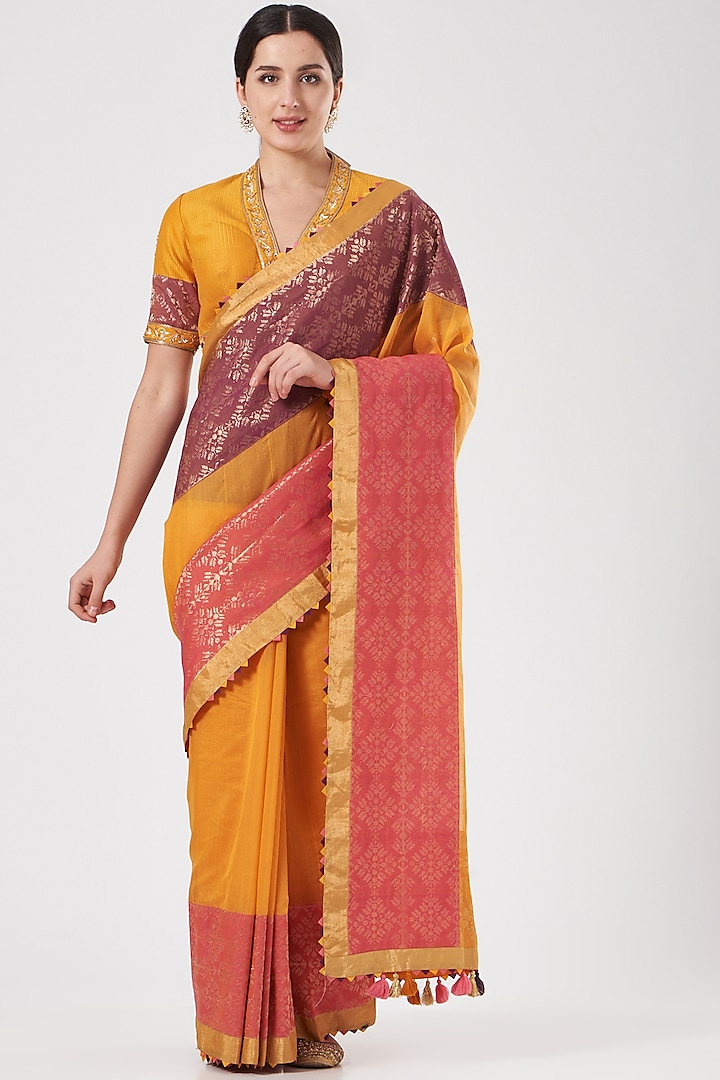 Orange Silk Cotton & Chanderi Woven Saree Set by RAR Studio