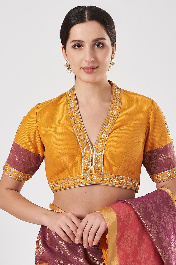 Orange Silk Cotton & Chanderi Woven Wedding Saree Set by RAR Studio at Pernia's Pop Up Shop