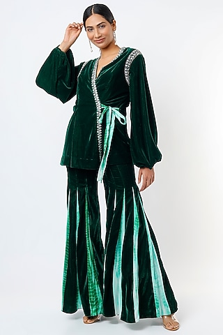 Bottle Green Velvet Jacket Set by Reeti Arneja