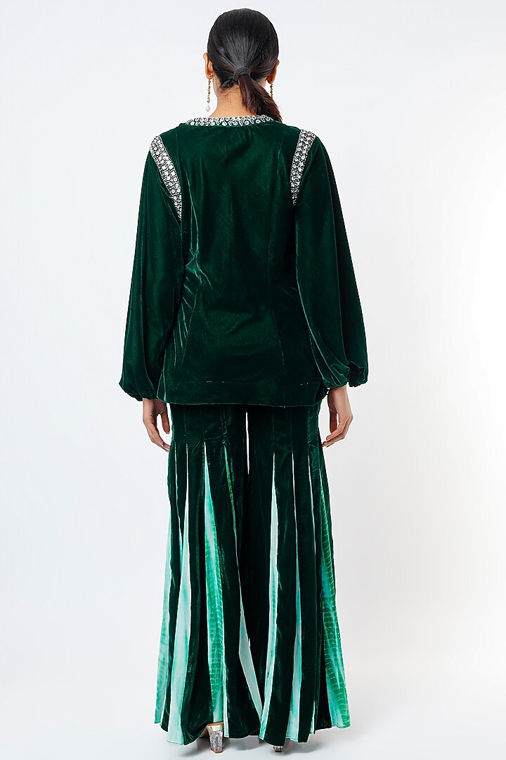 Bottle Green Velvet Jacket Set by Reeti Arneja at Pernia's Pop Up Shop