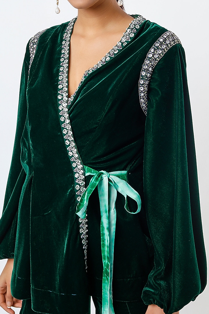 Bottle Green Velvet Jacket Set by Reeti Arneja at Pernia's Pop Up Shop