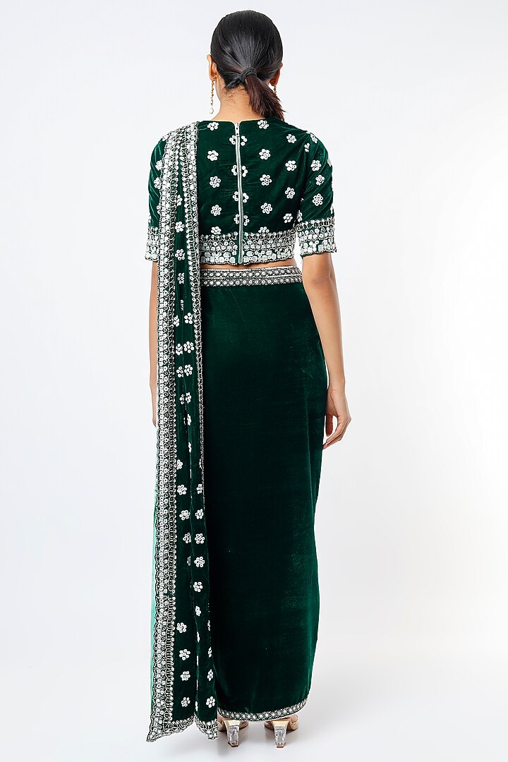 Bottle Green Embroidered Draped Wedding Saree Set by Reeti Arneja at Pernia's Pop Up Shop