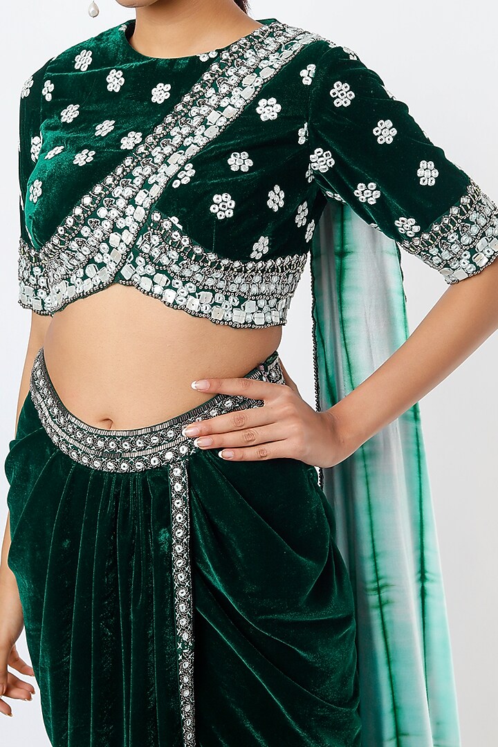 Bottle Green Embroidered Draped Wedding Saree Set by Reeti Arneja at Pernia's Pop Up Shop