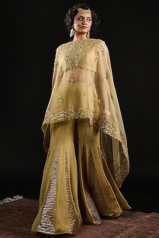Golden Organza Hand Embroidered Cape Set by Reeti Arneja