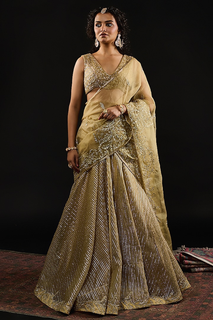 Golden Gota Fabric Embroidered Draped Wedding Lehenga Set by Reeti Arneja at Pernia's Pop Up Shop