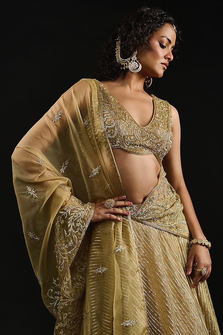 Golden Gota Fabric Embroidered Draped Wedding Lehenga Set by Reeti Arneja at Pernia's Pop Up Shop