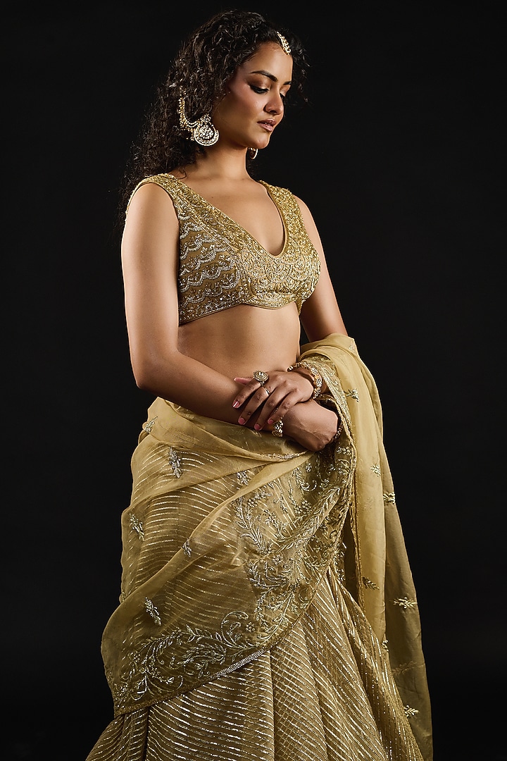 Golden Gota Fabric Embroidered Draped Wedding Lehenga Set by Reeti Arneja at Pernia's Pop Up Shop