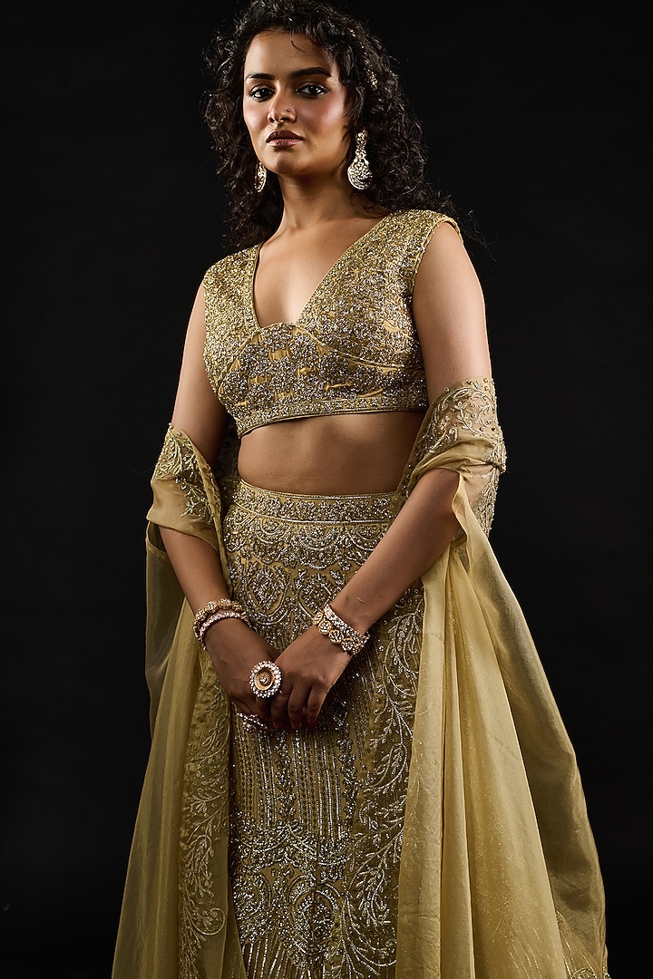 Golden Gota Fabric & Double Georgette Embellished Fishcut Wedding Lehenga Set by Reeti Arneja at Pernia's Pop Up Shop