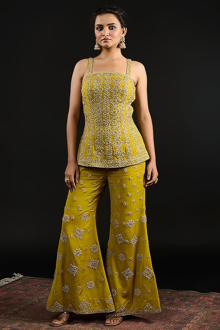 Lime Green Double Georgette Hand Embroidered Palazzo Pant Set by Reeti Arneja at Pernia's Pop Up Shop