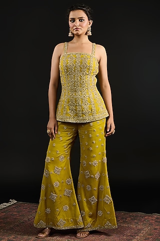 Lime Green Double Georgette Hand Embroidered Palazzo Pant Set by Reeti Arneja