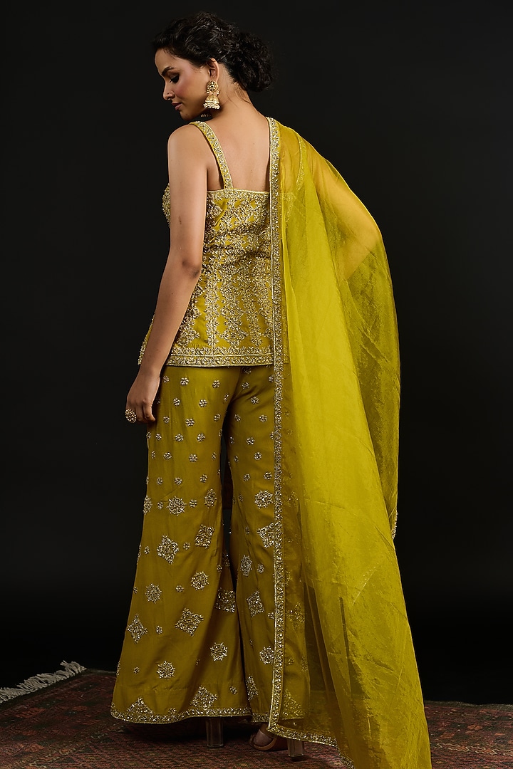 Lime Green Double Georgette Hand Embroidered Palazzo Pant Set by Reeti Arneja at Pernia's Pop Up Shop