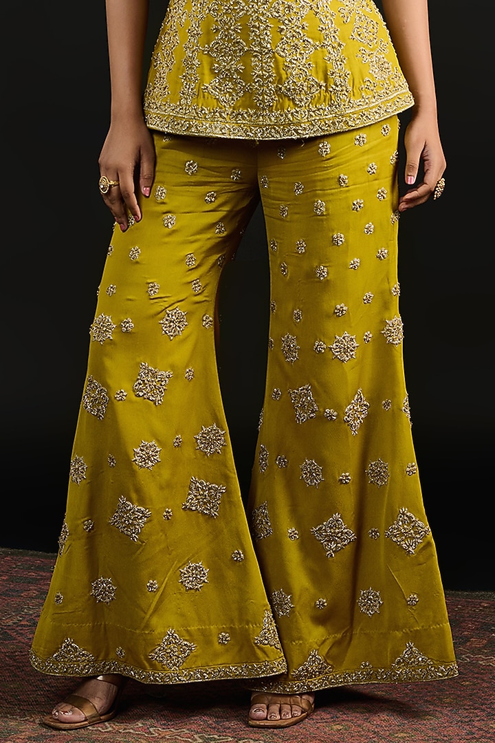 Lime Green Double Georgette Hand Embroidered Palazzo Pant Set by Reeti Arneja at Pernia's Pop Up Shop