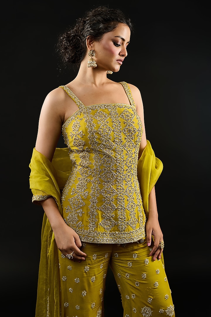 Lime Green Double Georgette Hand Embroidered Palazzo Pant Set by Reeti Arneja at Pernia's Pop Up Shop