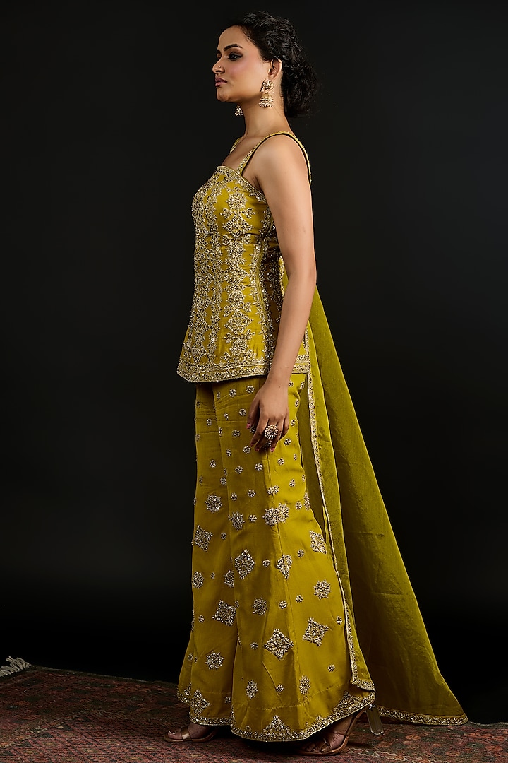Lime Green Double Georgette Hand Embroidered Palazzo Pant Set by Reeti Arneja at Pernia's Pop Up Shop