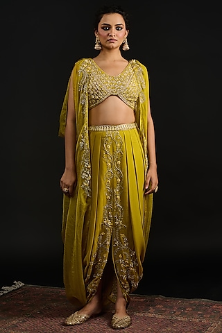 Lime Green Organza Hand Embroidered Cape Set by Reeti Arneja