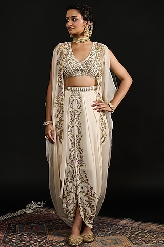 Ivory Organza Hand Embroidered Cape Set by Reeti Arneja