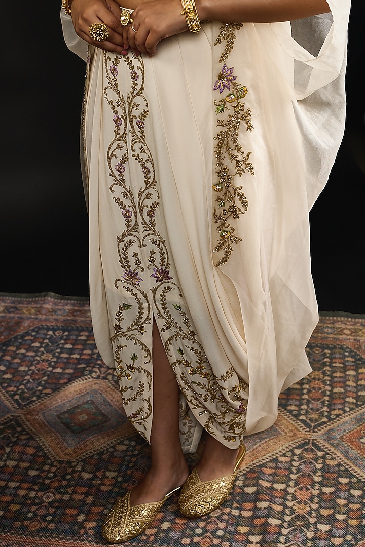 Ivory Organza Hand Embroidered Cape Set by Reeti Arneja at Pernia's Pop Up Shop