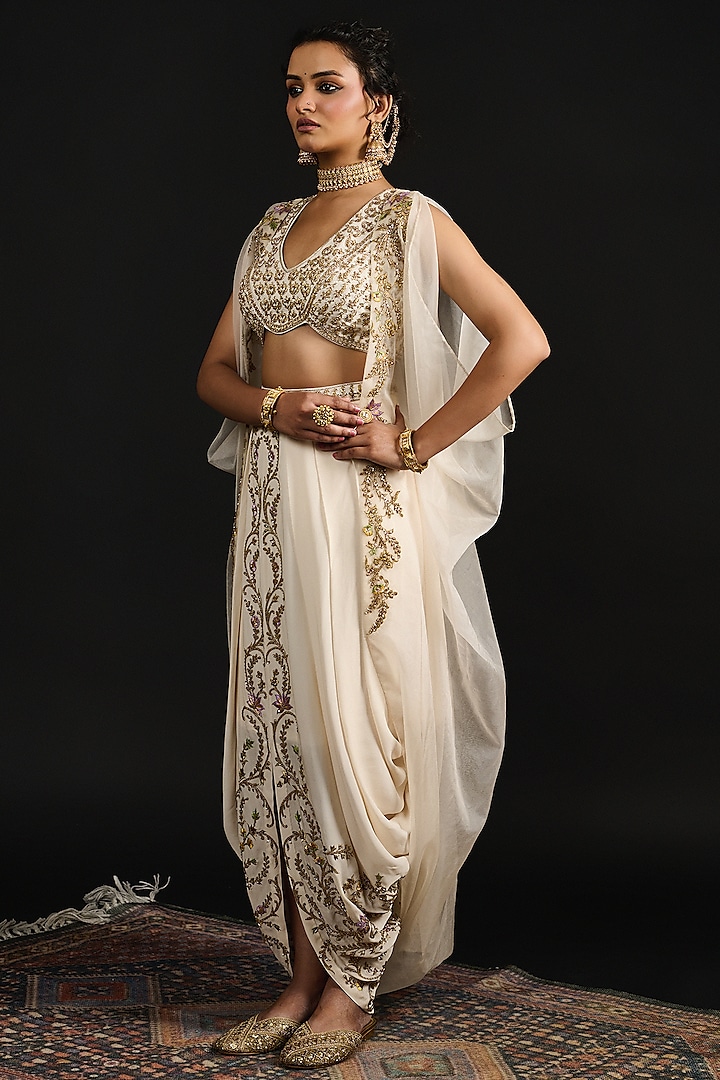 Ivory Organza Hand Embroidered Cape Set by Reeti Arneja at Pernia's Pop Up Shop
