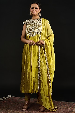 Lime Green Tissue Bead Embroidered Anarkali Set by Reeti Arneja