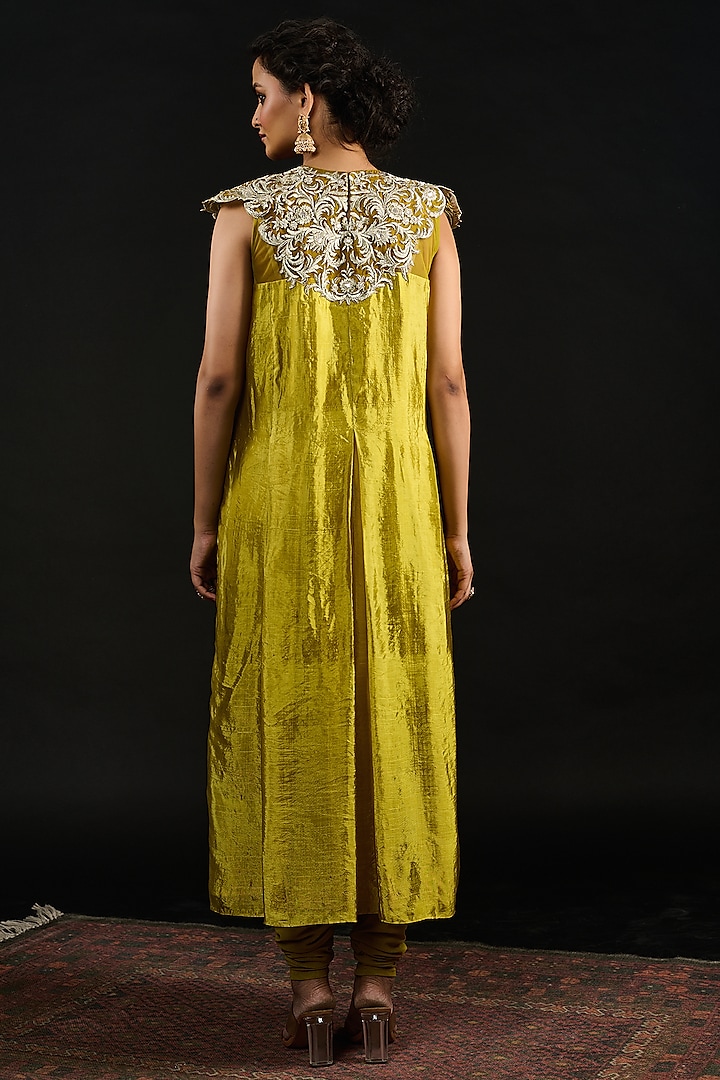 Lime Green Tissue Bead Embroidered Party Wear Anarkali Set by Reeti Arneja at Pernia's Pop Up Shop