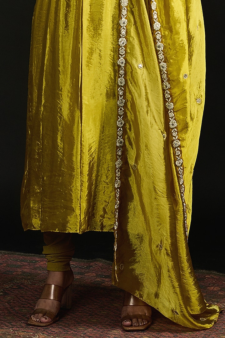 Lime Green Tissue Bead Embroidered Party Wear Anarkali Set by Reeti Arneja at Pernia's Pop Up Shop