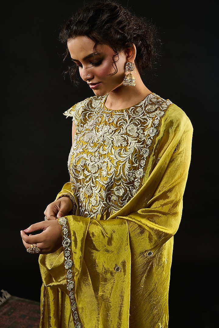 Lime Green Tissue Bead Embroidered Party Wear Anarkali Set by Reeti Arneja at Pernia's Pop Up Shop