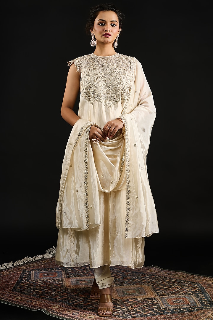 Ivory Tissue Bead Embroidered Anarkali Set by Reeti Arneja at Pernia's Pop Up Shop