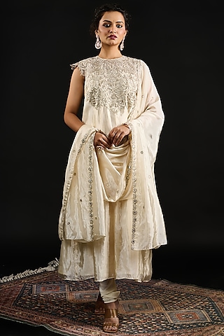 Ivory Tissue Bead Embroidered Anarkali Set by Reeti Arneja