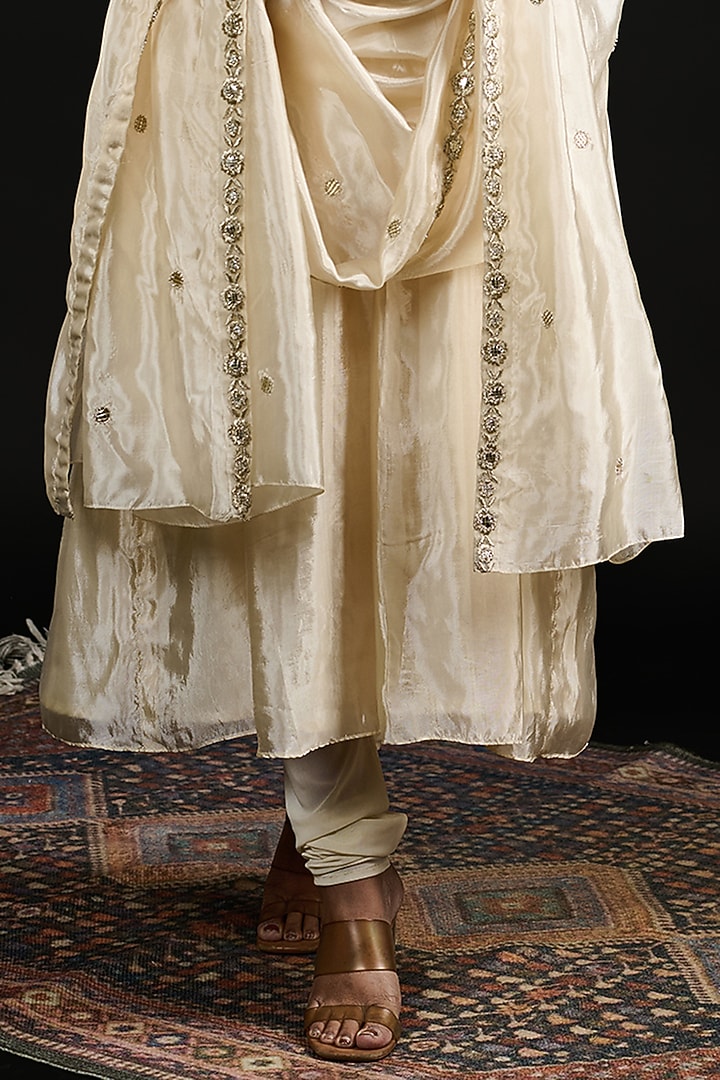 Ivory Tissue Bead Embroidered Party Wear Anarkali Set by Reeti Arneja at Pernia's Pop Up Shop