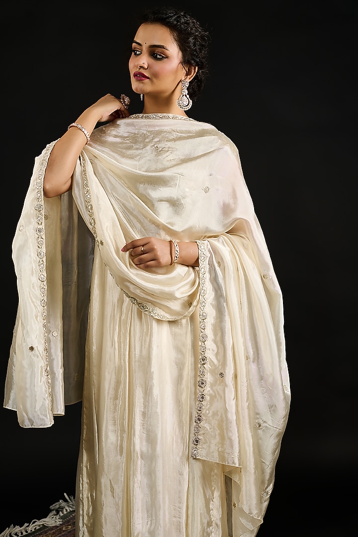 Ivory Tissue Bead Embroidered Party Wear Anarkali Set by Reeti Arneja at Pernia's Pop Up Shop