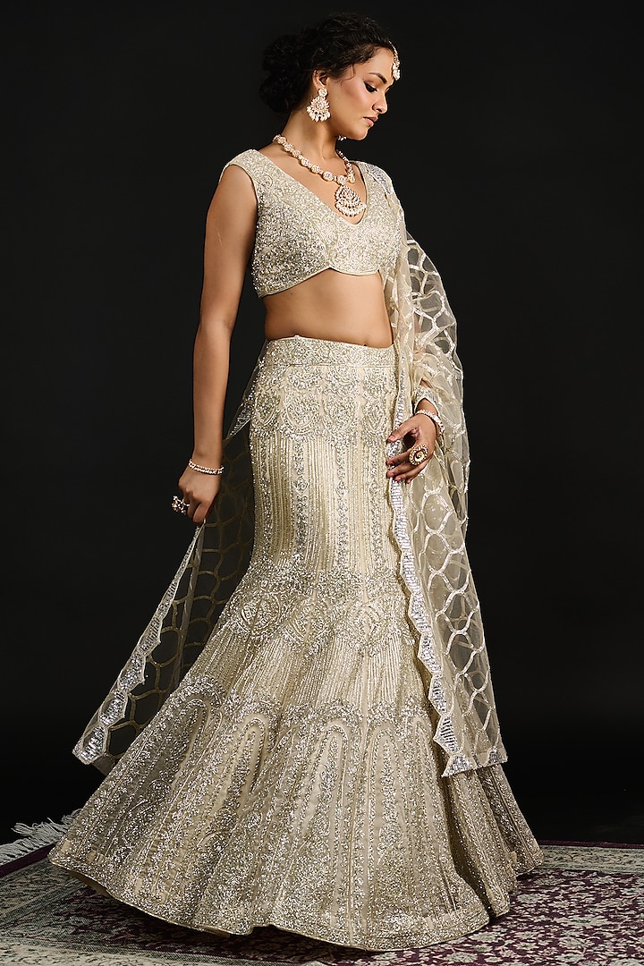 Silver Organza Embroidered Wedding Lehenga Set by Reeti Arneja at Pernia's Pop Up Shop