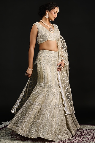 Silver Organza Embroidered Lehenga Set by Reeti Arneja