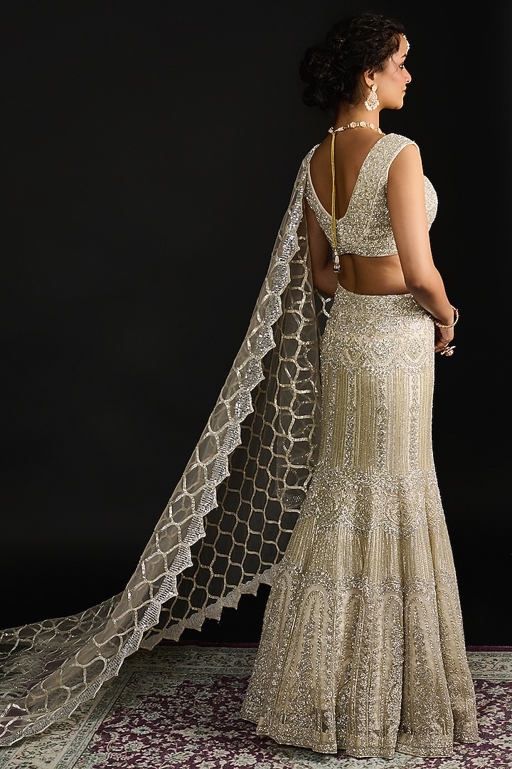 Silver Organza Embroidered Bridal Lehenga Set by Reeti Arneja at Pernia's Pop Up Shop
