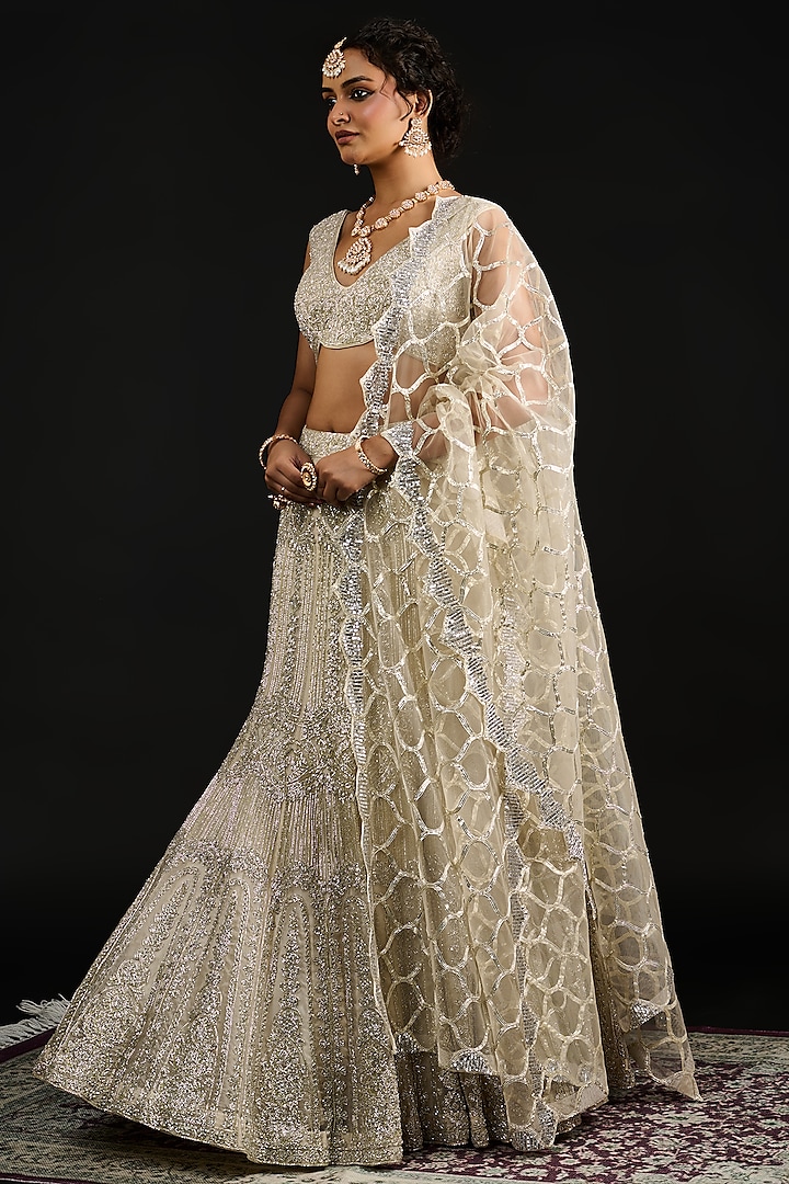 Silver Organza Embroidered Bridal Lehenga Set by Reeti Arneja at Pernia's Pop Up Shop