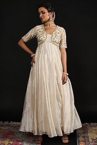 Ivory Tissue Embroidered Anarkali Set by Reeti Arneja