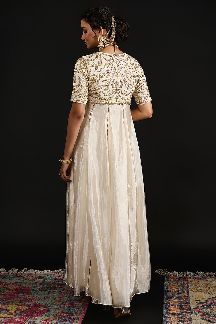 Ivory Tissue Embroidered Party Wear Anarkali Set by Reeti Arneja at Pernia's Pop Up Shop