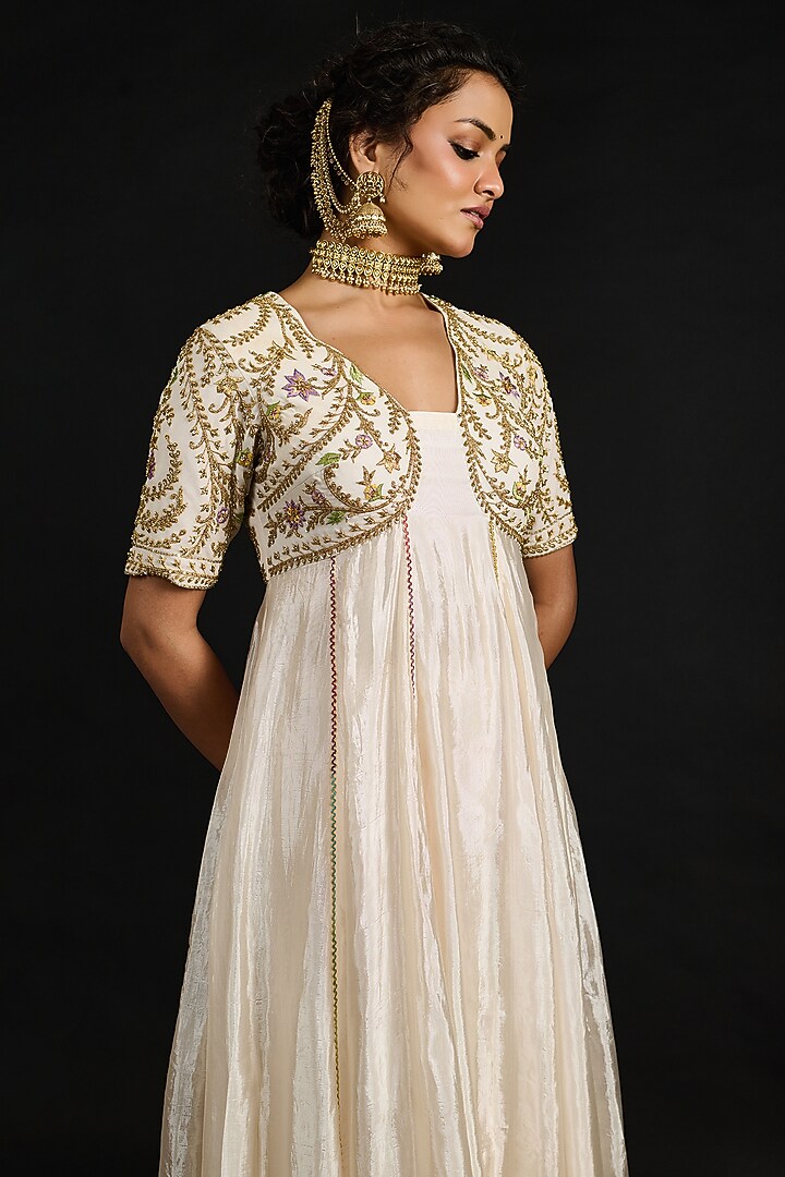 Ivory Tissue Embroidered Party Wear Anarkali Set by Reeti Arneja at Pernia's Pop Up Shop