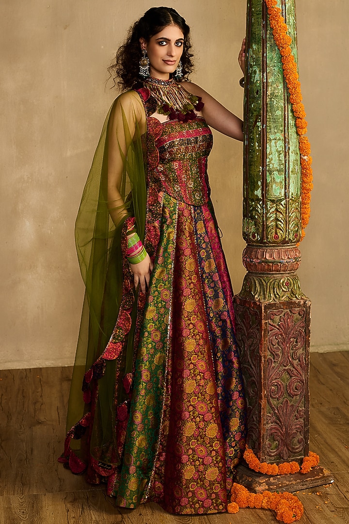 Multi-Colored Khadi Silk Embroidered Wedding Lehenga Set by Reeti Arneja at Pernia's Pop Up Shop