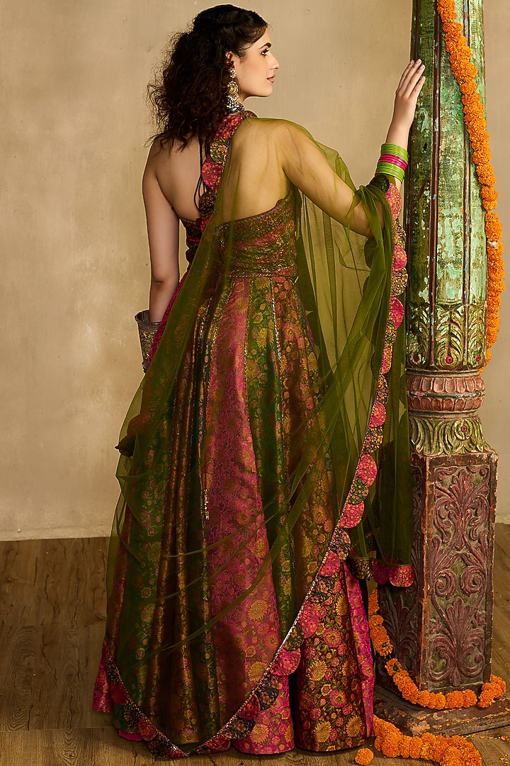 Multi-Colored Khadi Silk Embroidered Wedding Lehenga Set by Reeti Arneja at Pernia's Pop Up Shop
