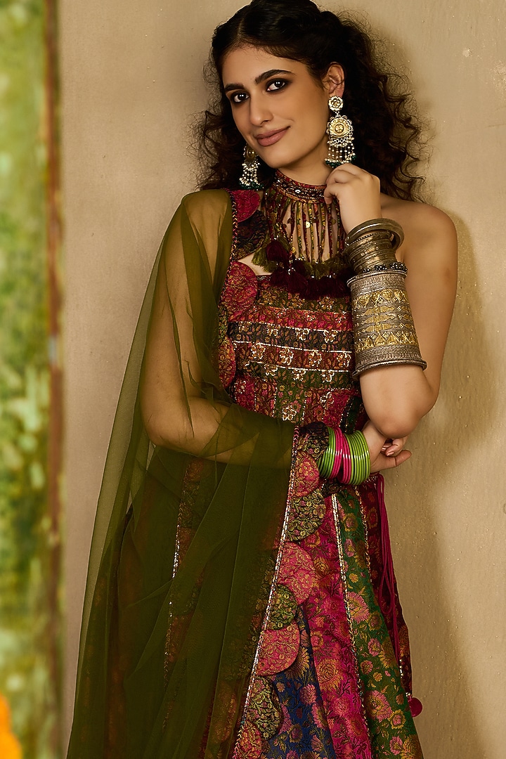 Multi-Colored Khadi Silk Embroidered Wedding Lehenga Set by Reeti Arneja at Pernia's Pop Up Shop