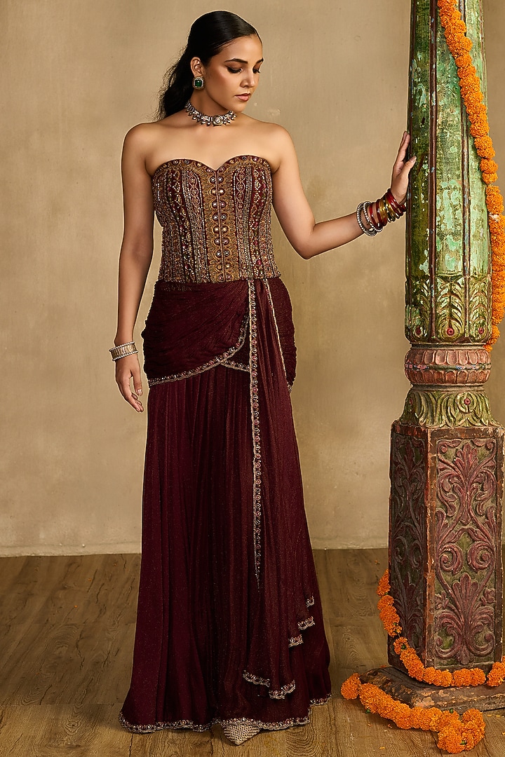 Maroon Cotton Shimmer Net Draped Skirt Set by Reeti Arneja at Pernia's Pop Up Shop
