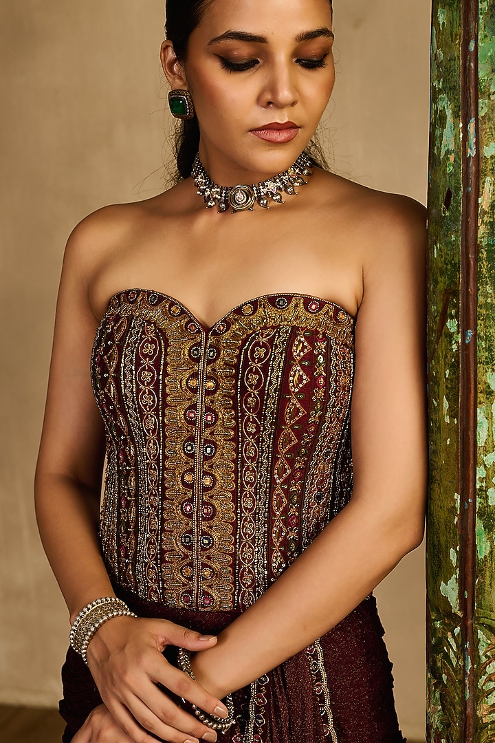 Maroon Cotton Shimmer Net Draped Skirt Set by Reeti Arneja at Pernia's Pop Up Shop
