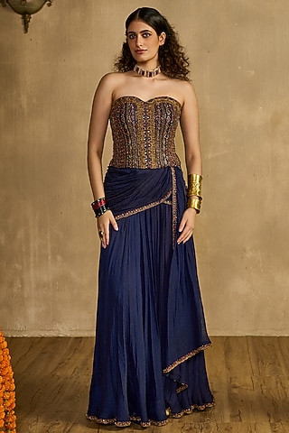 Midnight Blue Cotton Shimmer Net Draped Skirt Set by Reeti Arneja